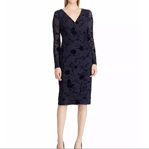 Ralph Lauren Navy Blue Floral Flocked Wrap Front Dress, Mesh & Velvet, NWT!!